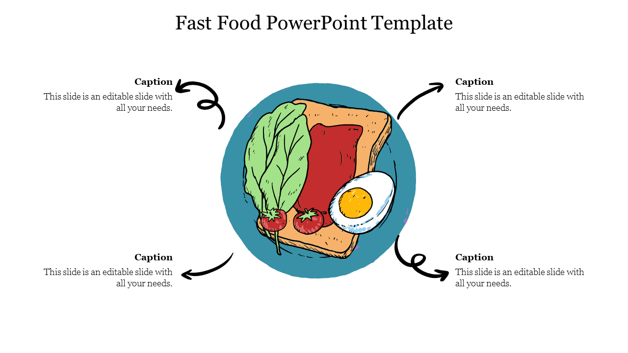 Fast Food slide featuring an illustration of toast with greens, tomato, and a fried egg in the center surrounded by captions.