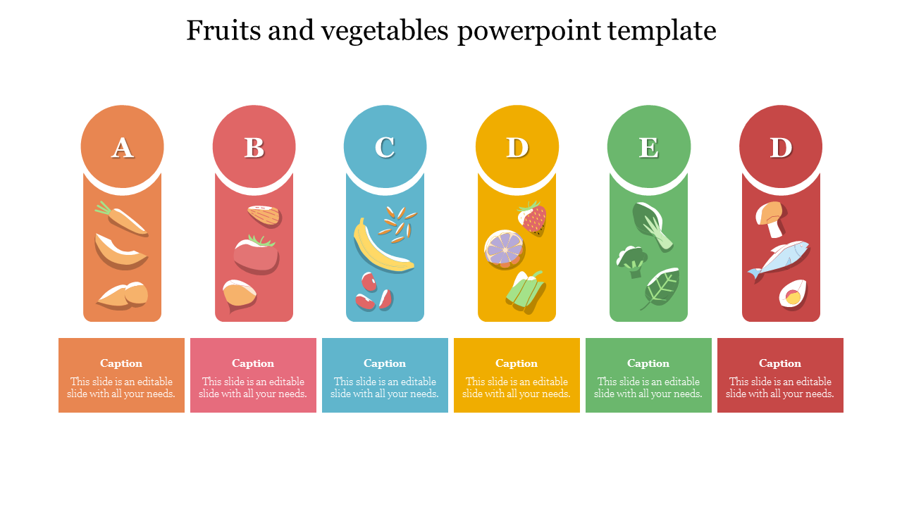 A slide divided into five labeled sections with fruit and vegetable icons, each section includes an caption areas. 