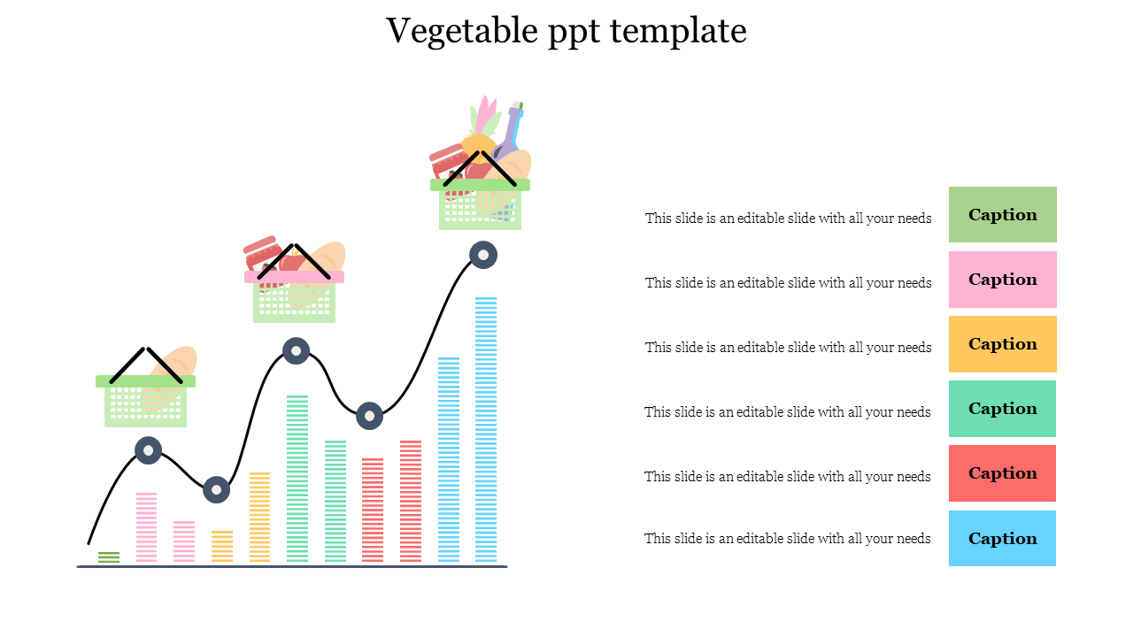 Vegetable-themed slide with a growth line chart, colorful bar graph with five caption areas.