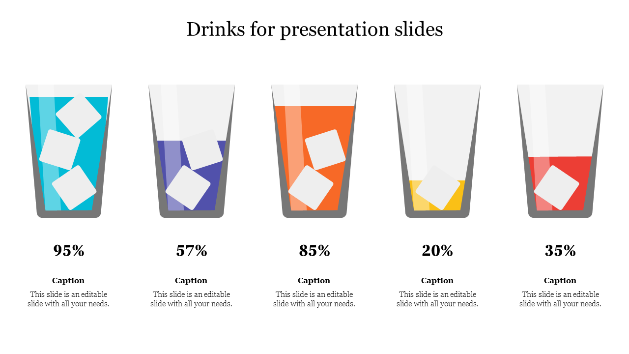 Glasses of drinks in various colors, with different ice cube amounts, and labeled percentages  with placeholder text areas.