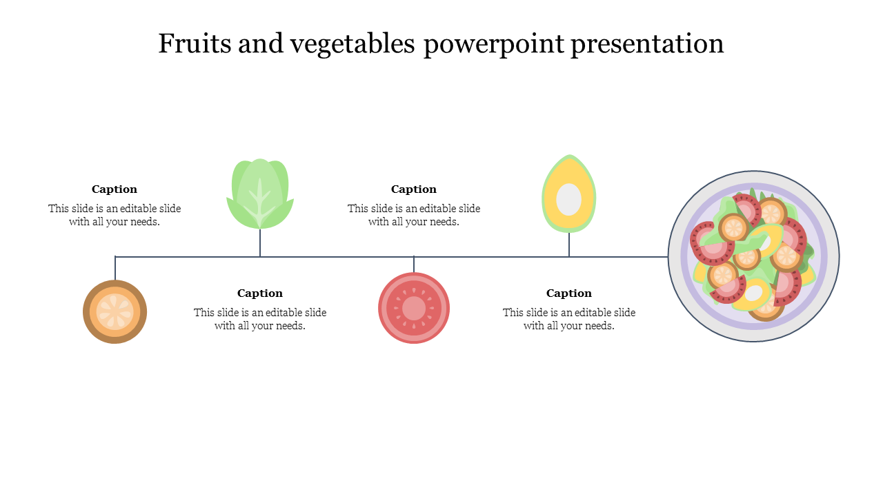 Horizontal line with icons of sliced orange, lettuce, tomato, avocado, with captions, leading to a colorful salad bowl.