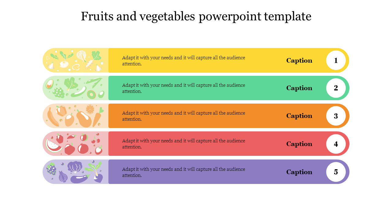 Colorful horizontal bars with fruit and vegetable icons, each labeled with captions from 1 to 5 in a numbered circle.