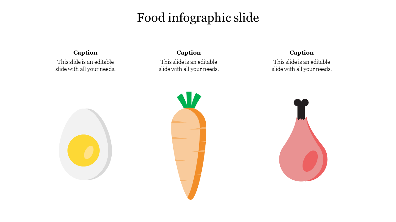 Infographic PowerPoint slide with images of an egg, carrot, and chicken leg with captions on a white backdrop.