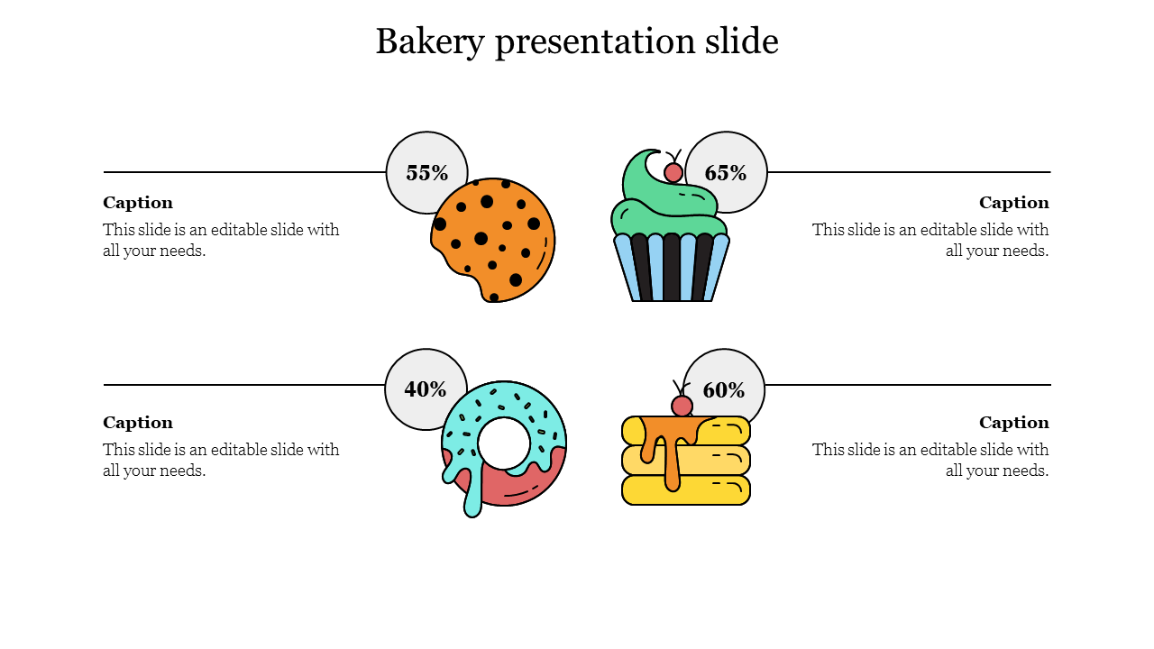 Bakery PowerPoint slide with a donut, cupcake, and cake images showing progress with captions on a white backdrop.