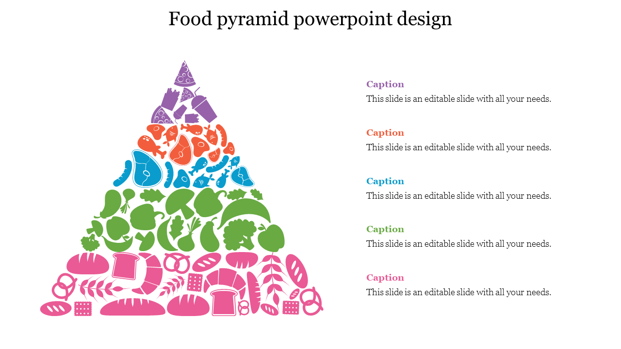 Colorful food pyramid illustration with pink, green, blue, orange, and purple sections, arranged from base to tip.