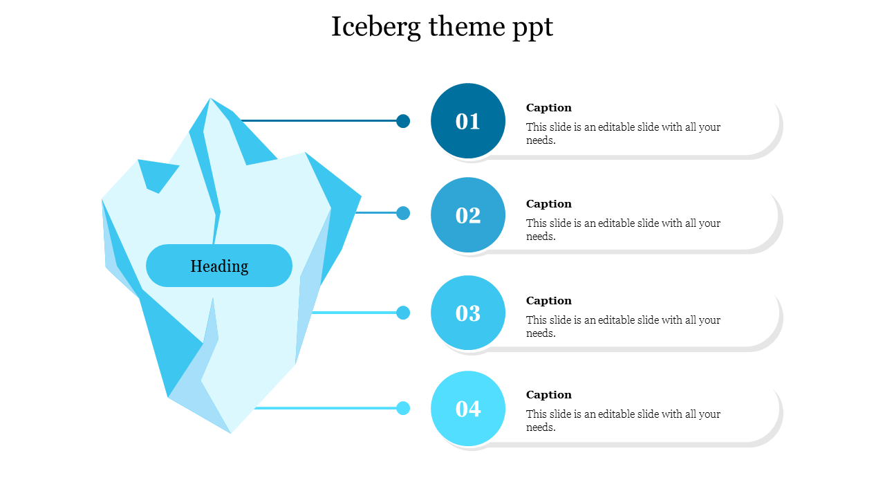 Iceberg shaped infographic slide with four numbered captions with placeholder text.