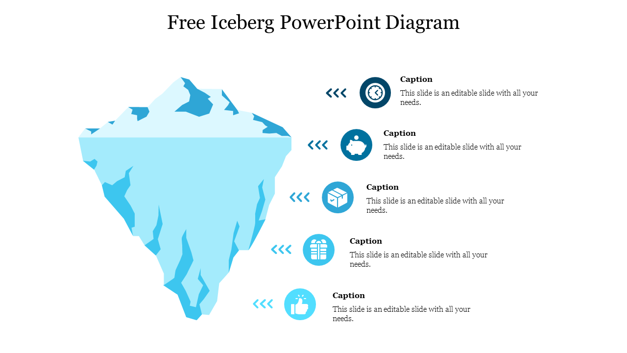 Blue themed iceberg diagram slide illustrating the visible and hidden parts of a concept with icons and caption spaces.