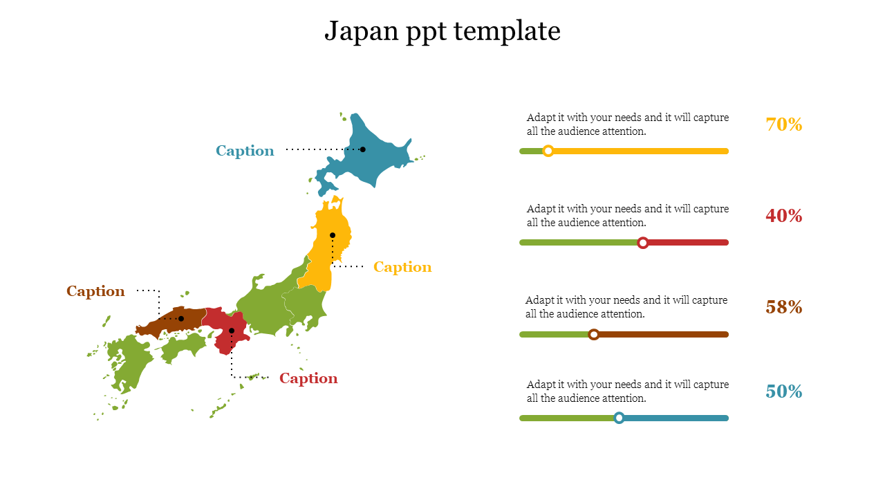 Color coded japan map with regions labeled for captions, alongside percentage bars showing audience engagement levels.