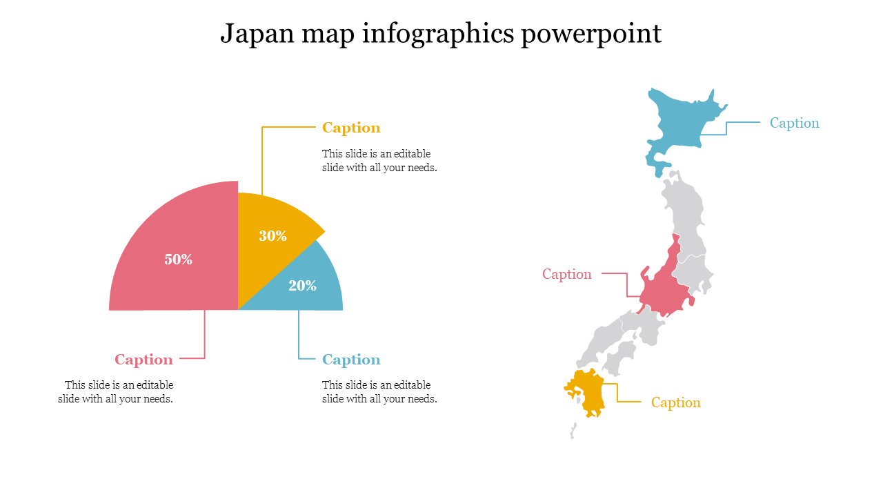 Slide with a Japan map and pie chart infographic, highlighting different regions with captions and percentages.