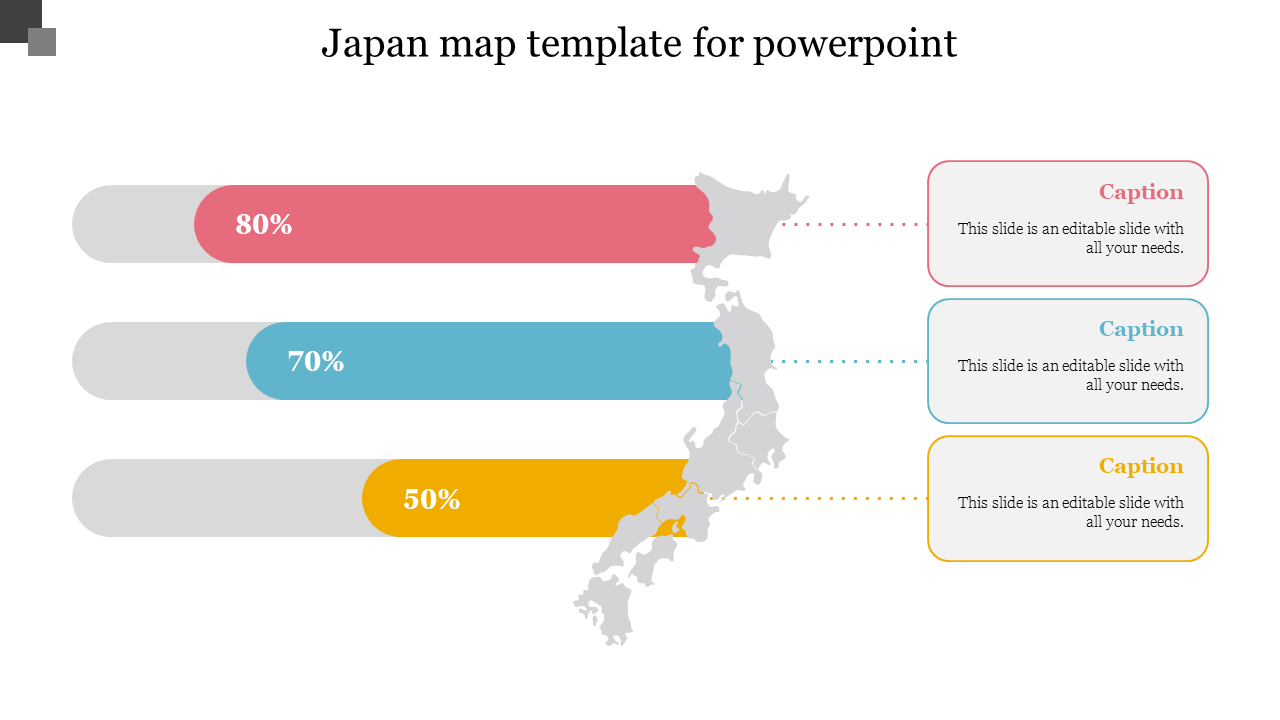 Japan map template with three color-coded percentage bars representing different values and caption areas.