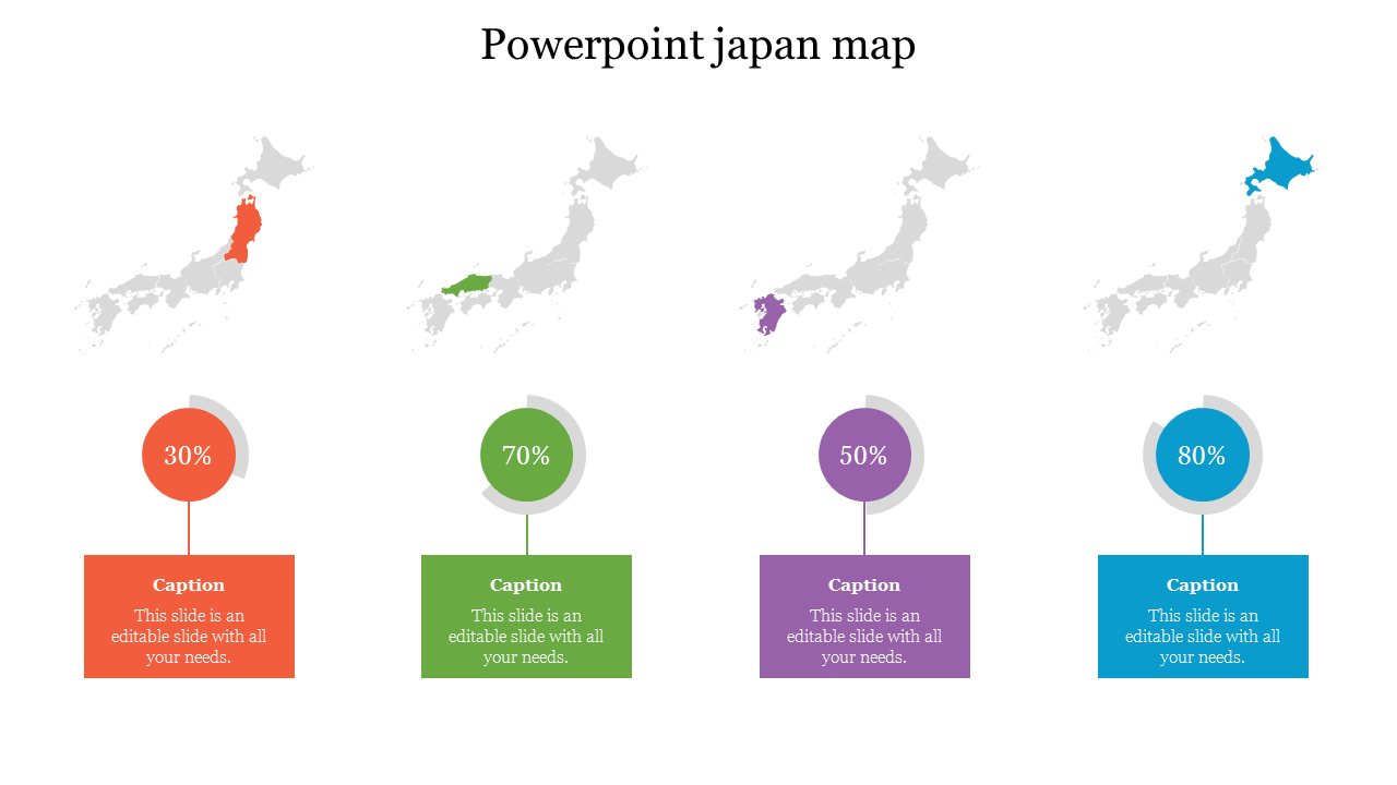 PowerPoint map of Japan with four regions colored differently, each labeled with a percentage value.