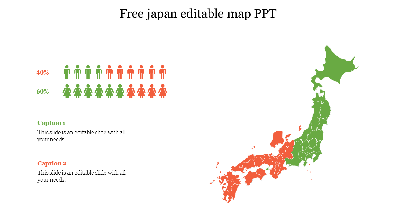 Map of Japan in green and red, with a percentage chart of people icons on the left and two caption boxes below.