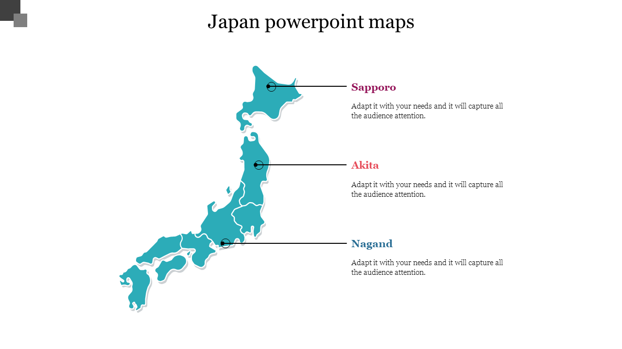 Map of Japan highlighting three cities sapporo, akita, and nagand with labeled markers and placeholder text.