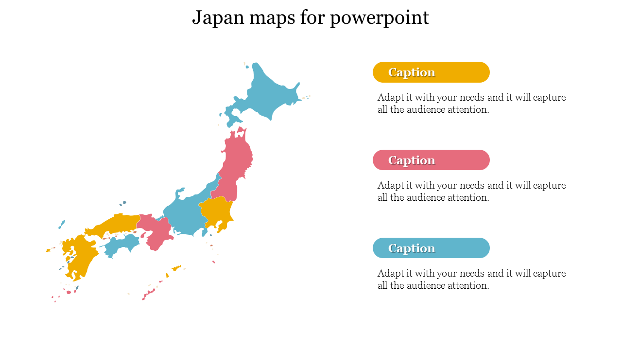 Color coded map of Japan with regions highlighted in yellow, pink, and blue alongside descriptive captions.