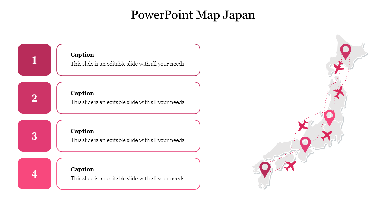 Map of Japan with pink travel route markers with planes and pins, and four numbered labels on the left.