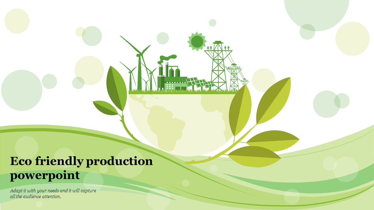 An eco friendly slide design showcasing factories and renewable energy sources, surrounded by leaves and green waves.