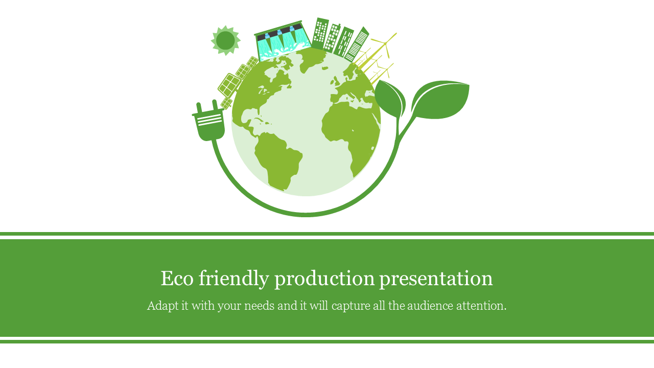 Eco friendly production slide featuring a green globe surrounded by renewable energy symbols with placeholder text.