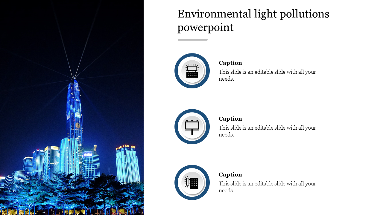 Night city skyline representing environmental pollution with three circular icons featuring placeholder text on the right.