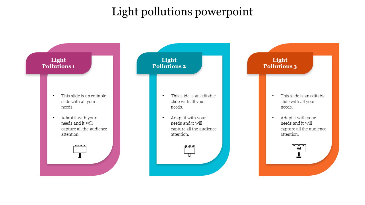 Three colorful curved edge blocks in pink, blue, and orange presenting light pollution content with matching billboard icons.