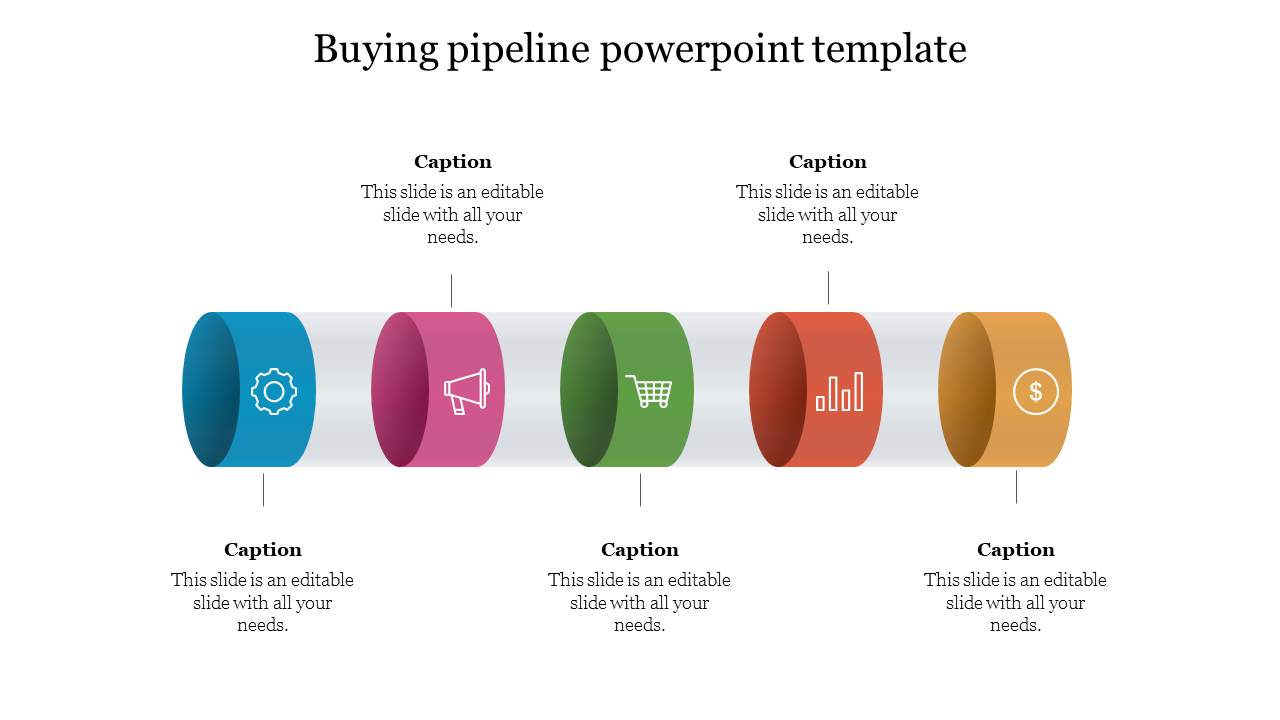 Colorful pipeline infographic with five cylindrical segments, each marked with icons and caption areas beneath.