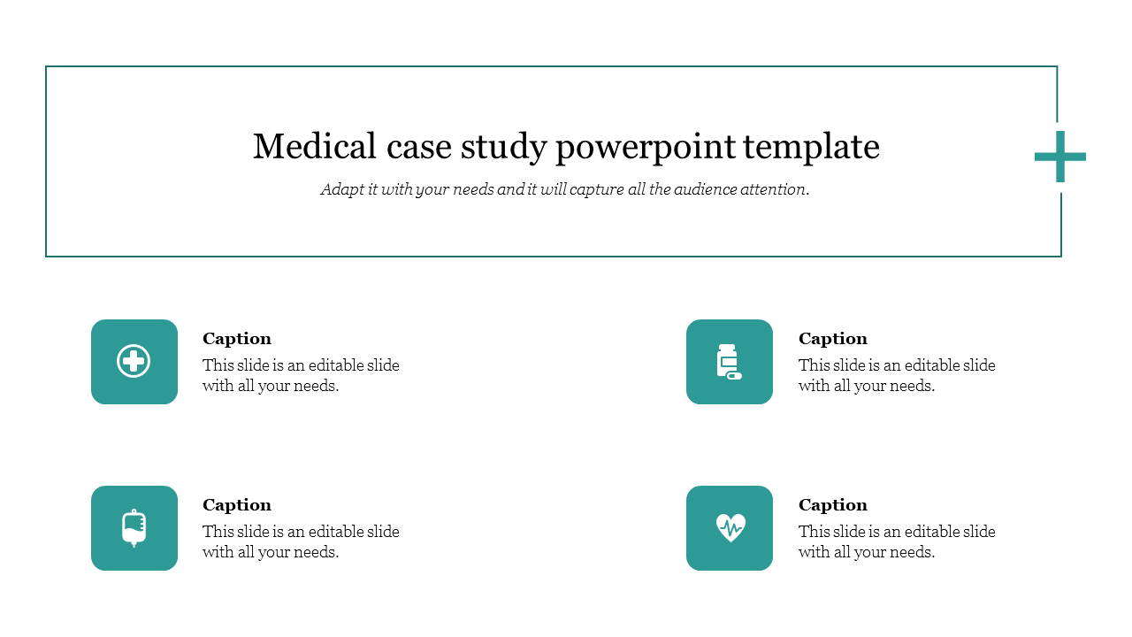 Medical case study slide with four colored icons and captions.