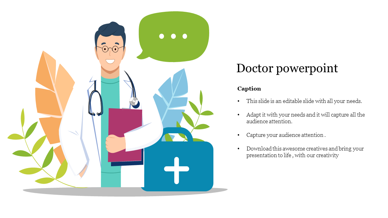 Illustration of a doctor holding a clipboard, with a green speech bubble and a medical bag, alongside a caption on the right.