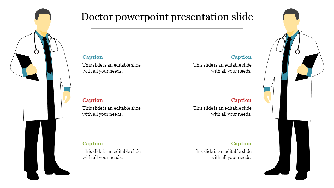 Slide featuring two illustrated doctors with stethoscopes and captions for content.