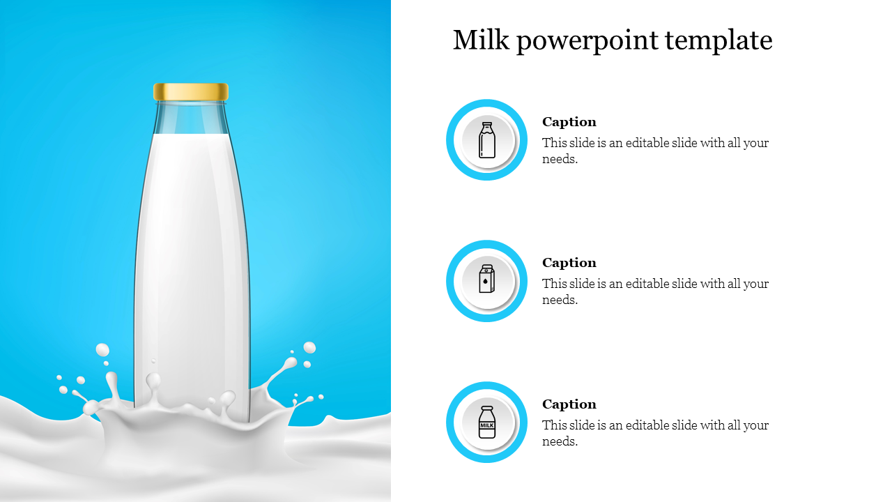 Milk bottle splashing into milk on left, three icons with captions on right, against a bright blue background.