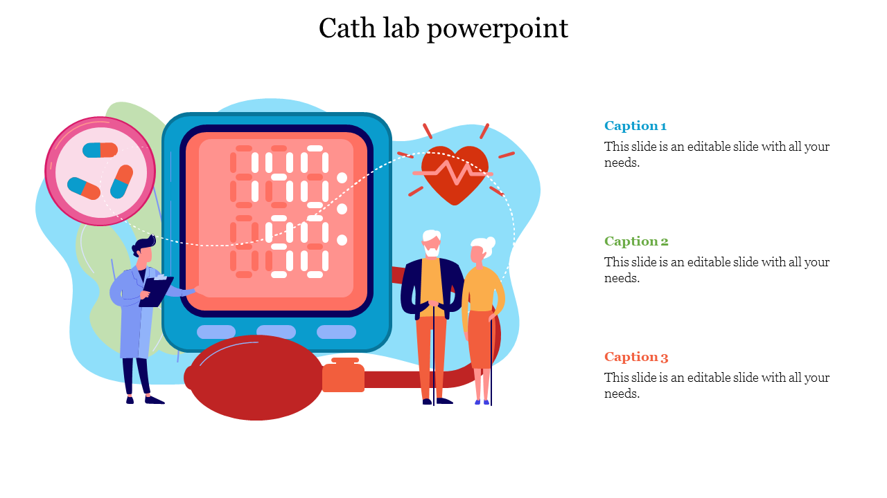 Illustration of a Cath lab setup with a doctor, two patients, and medical equipment, accompanied by three placeholder text.