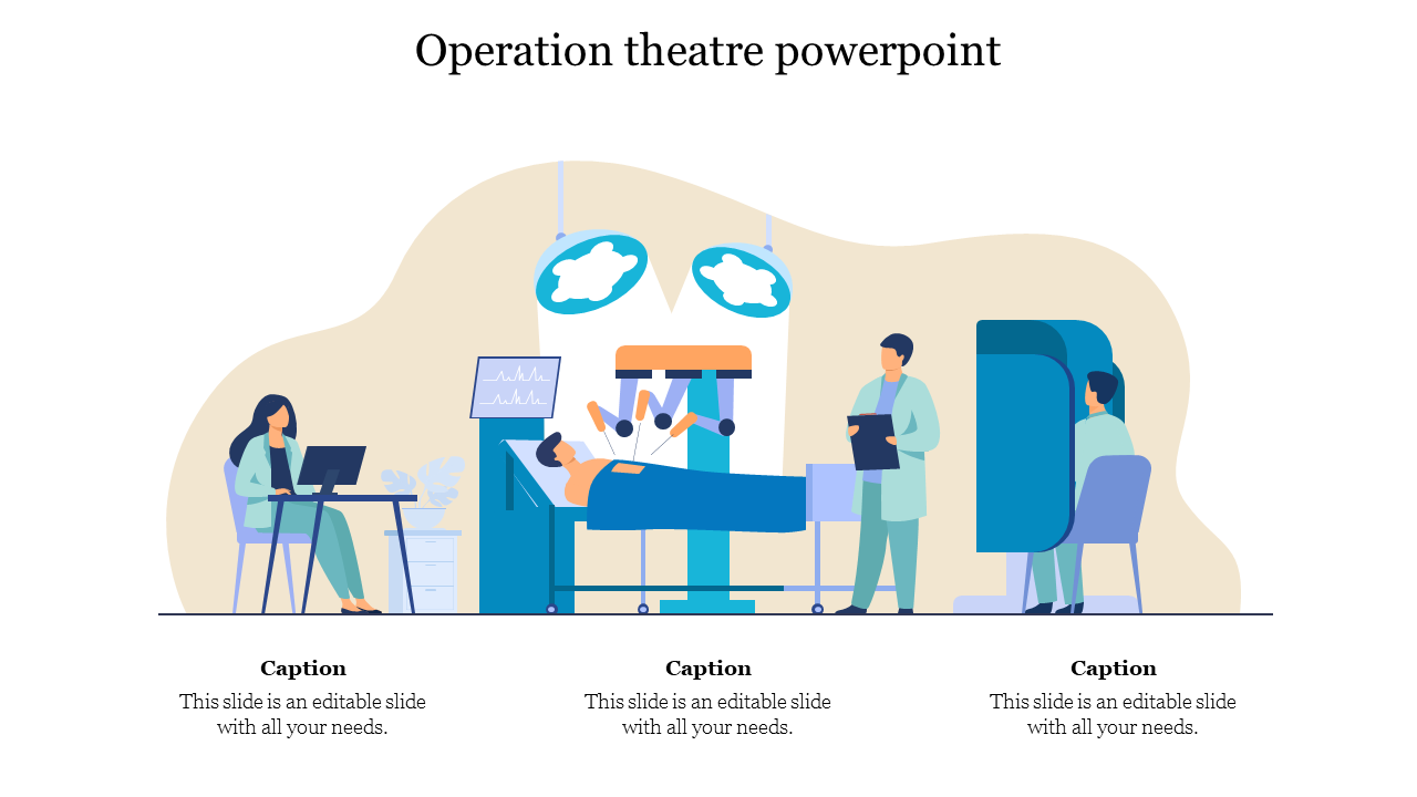 Illustration of a surgical team in an operating room with a patient under robotic assisted surgery and placeholder text.