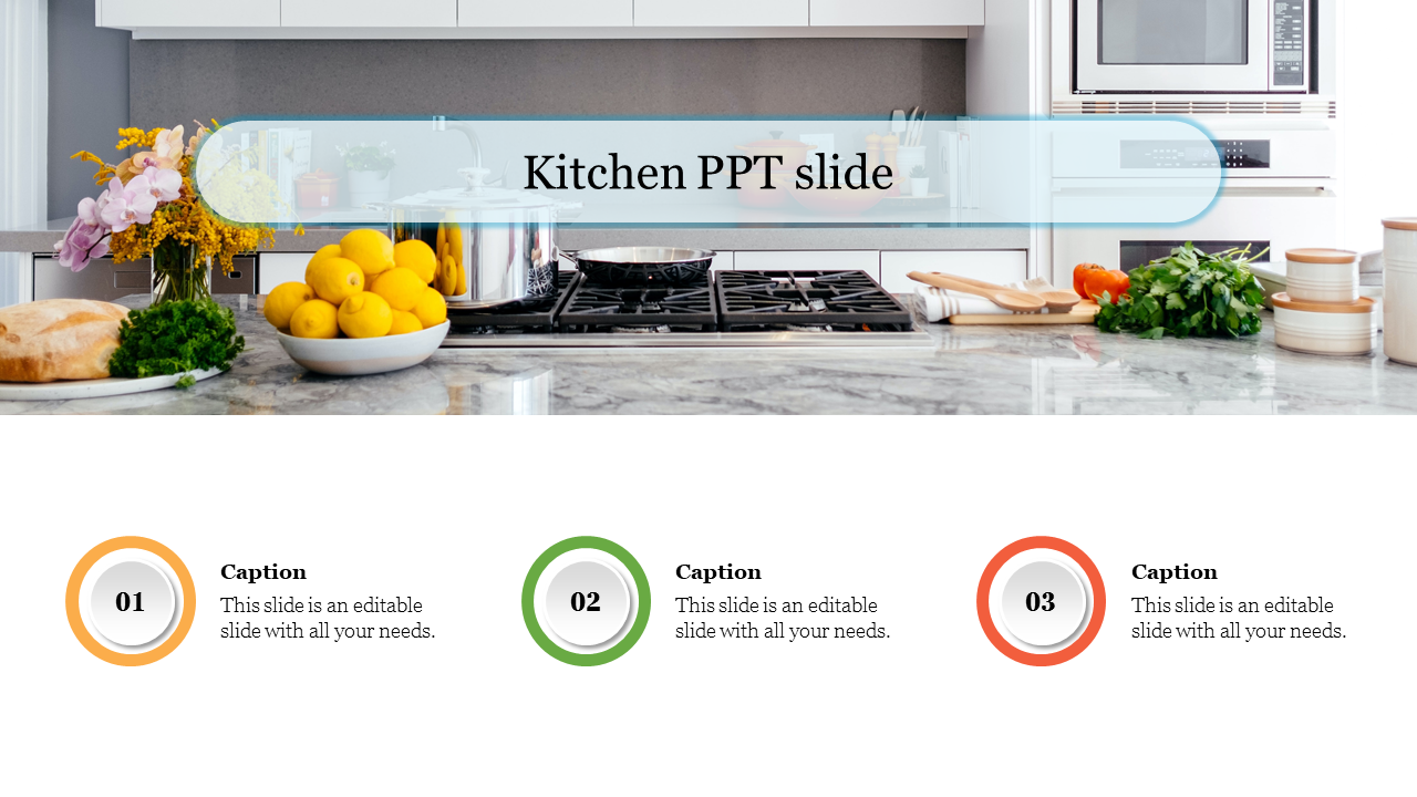 Modern kitchen layout with a stove and lemons on the countertop, with three numbered colorful circles at the bottom.