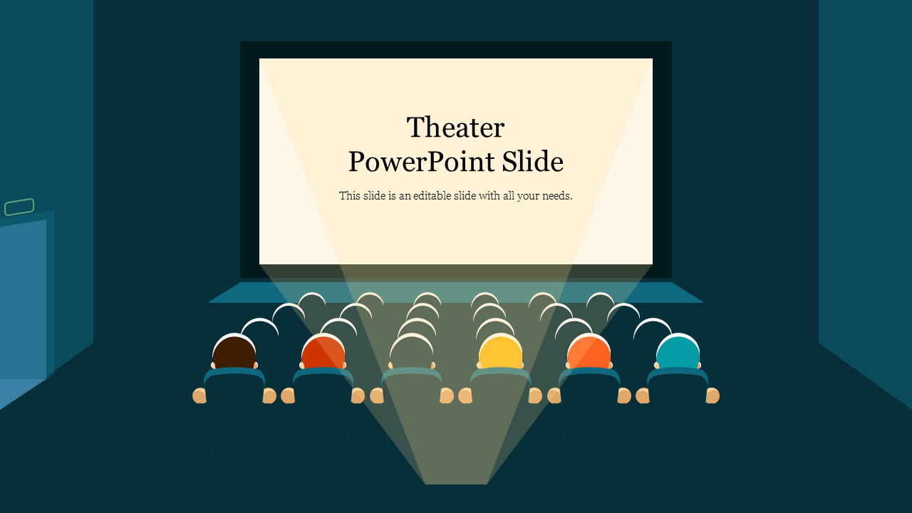 Illustration of an audience watching a presentation on a large theater screen displayed on a dark blue backdrop.