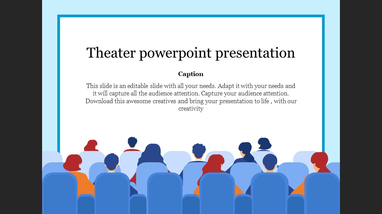 Theater slide set up with people in rows of seats watching a presentation screen and a caption.