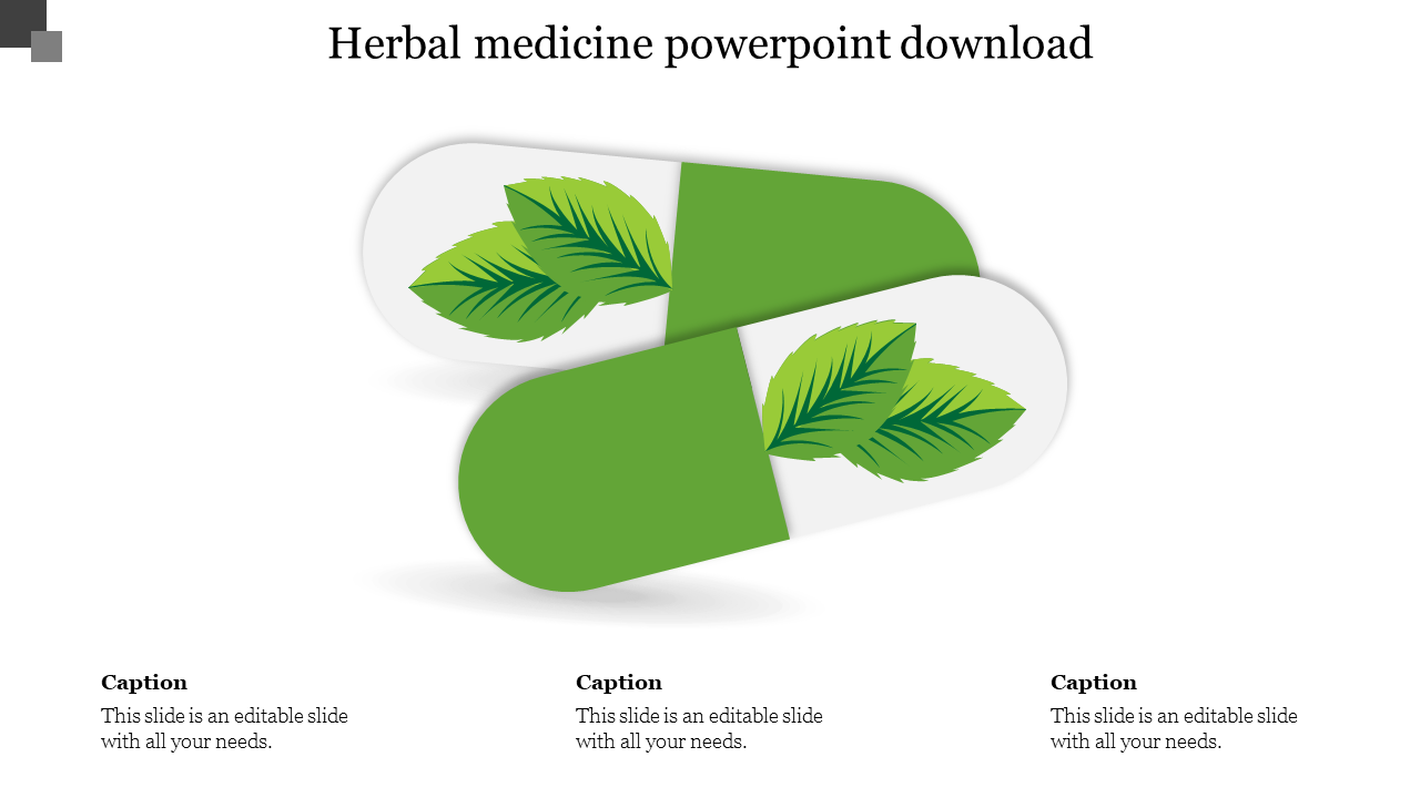 Illustration of herbal medicine capsules on a slide, featuring green leaves on a white and green pill with captions.