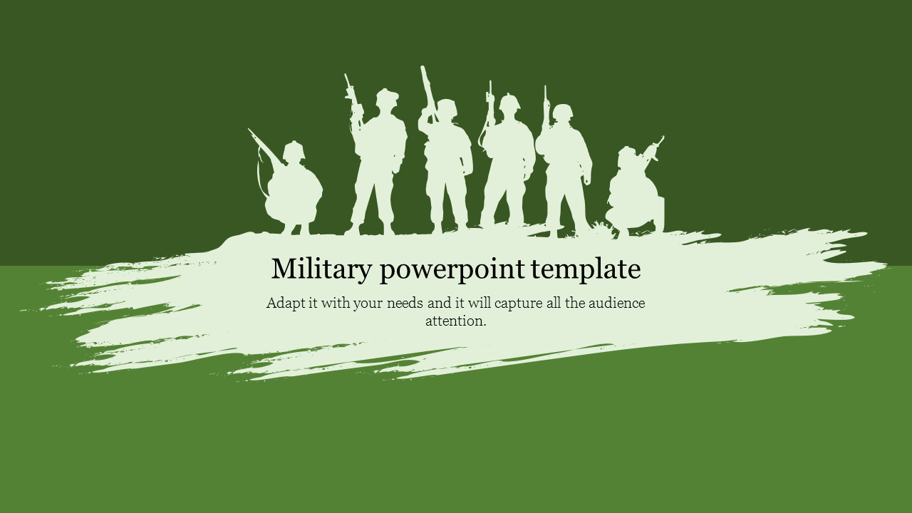 Silhouette of seven military soldiers in various poses, set against a green brushstroke background with placeholder text.