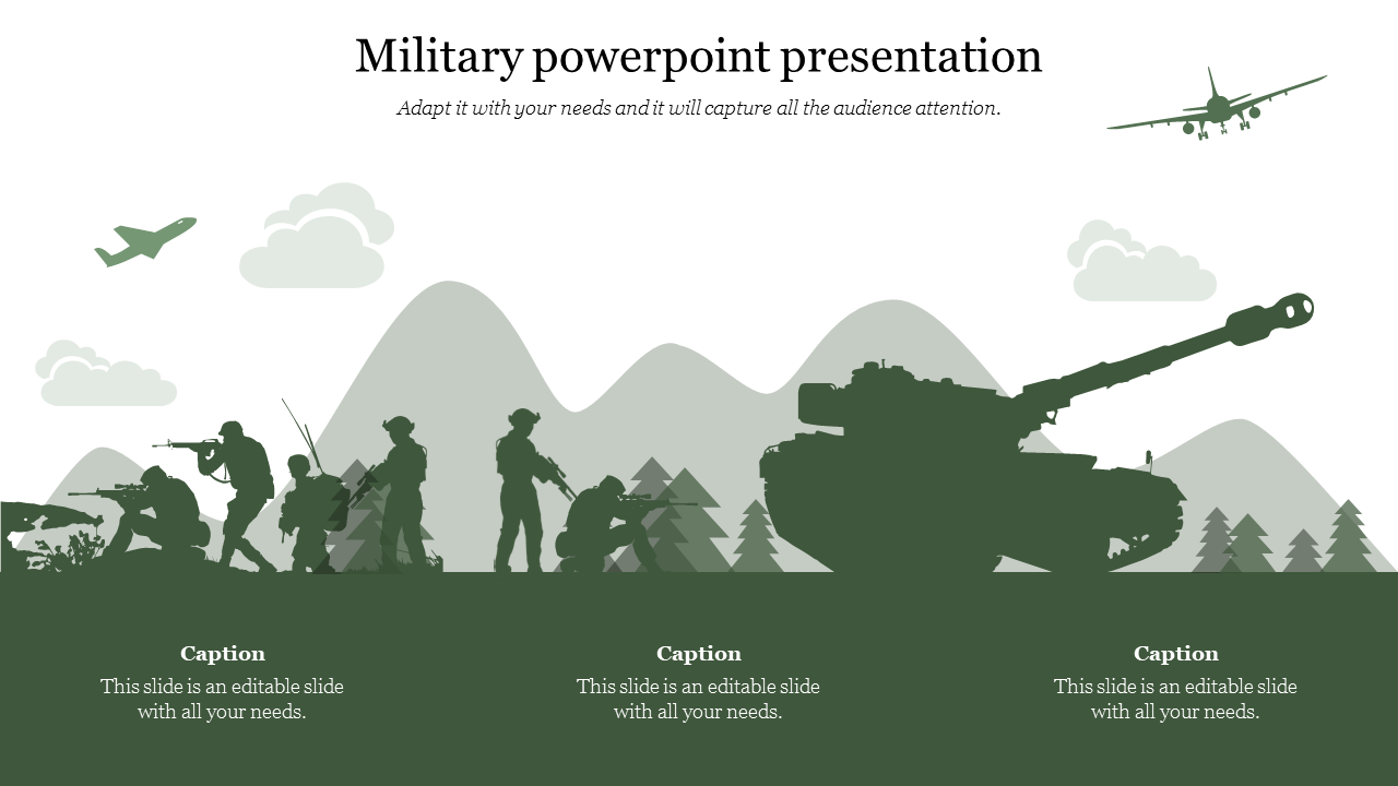 Silhouettes of soldiers, a tank, and airplanes in a military scene, set against mountains with three captions below.