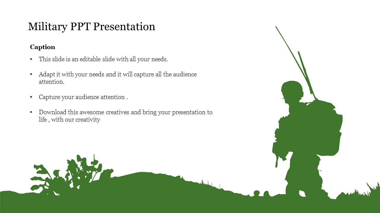 Soldier in green silhouette with large backpack and antennas, walking in foliage with text bullet points on the left.