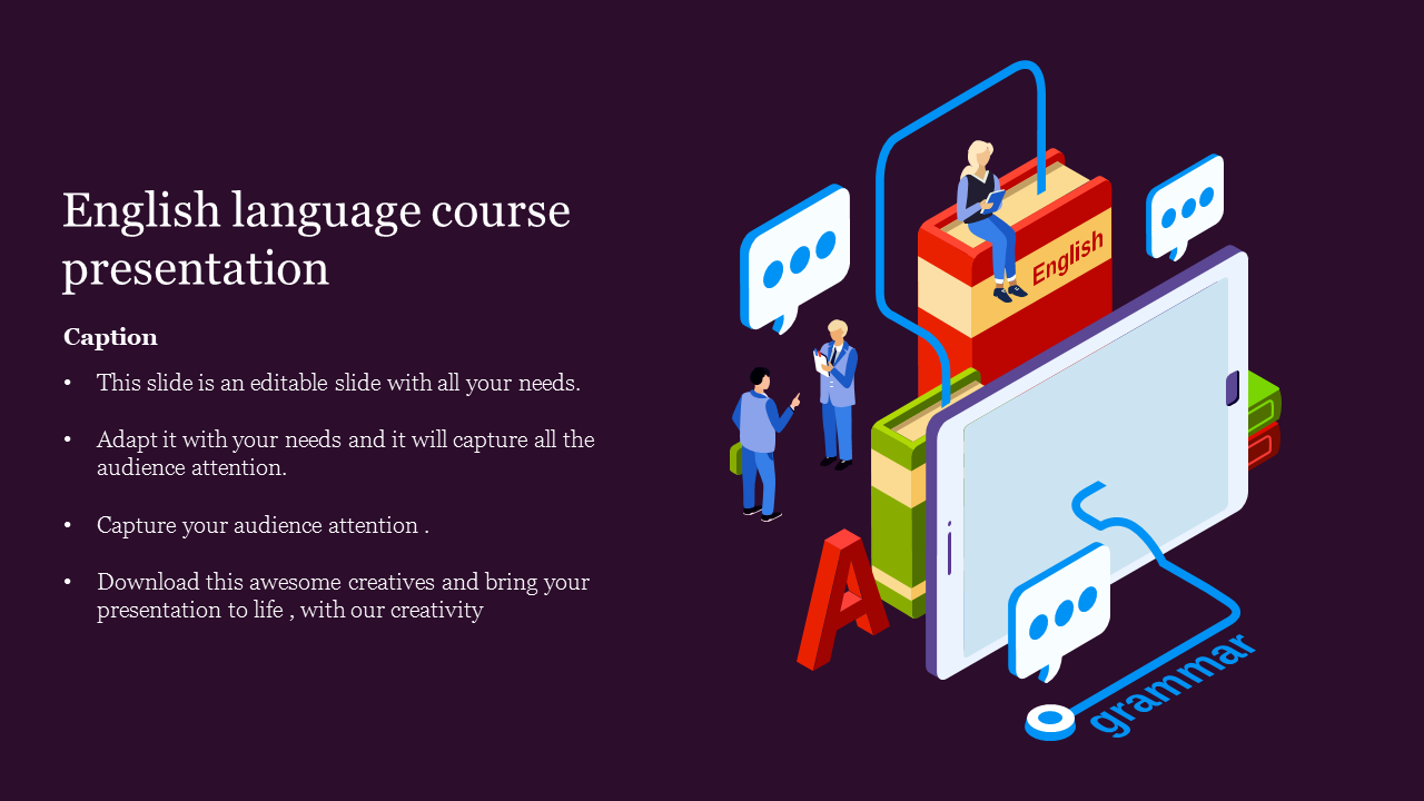 English language course slide featuring icons of books, conversation bubbles, and a large tablet screen representing grammar.