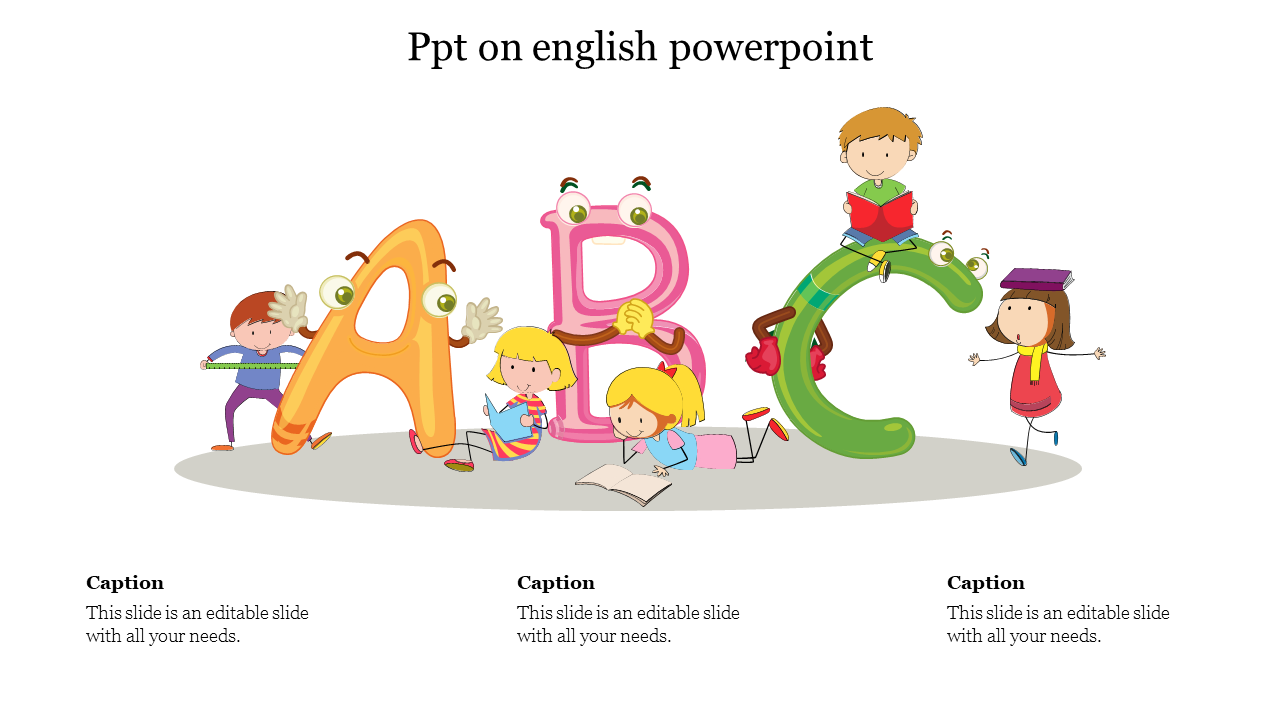 Illustration of children playing around large cartoon letters of English alphabets, with three text placeholders below.