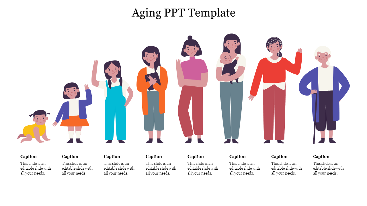 Illustration of diverse individuals representing the aging process, from infancy to seniority, in a colorful clothing.