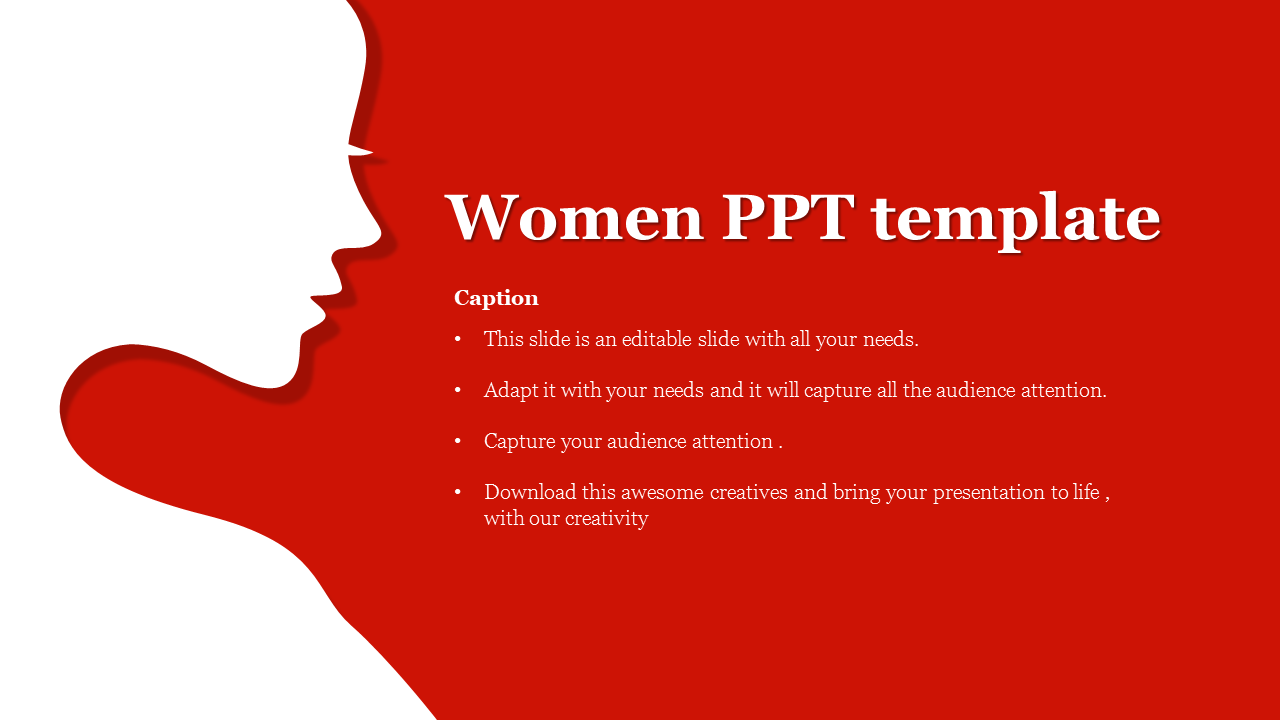 White silhouette of a woman’s face on the left against a red background, with text content.