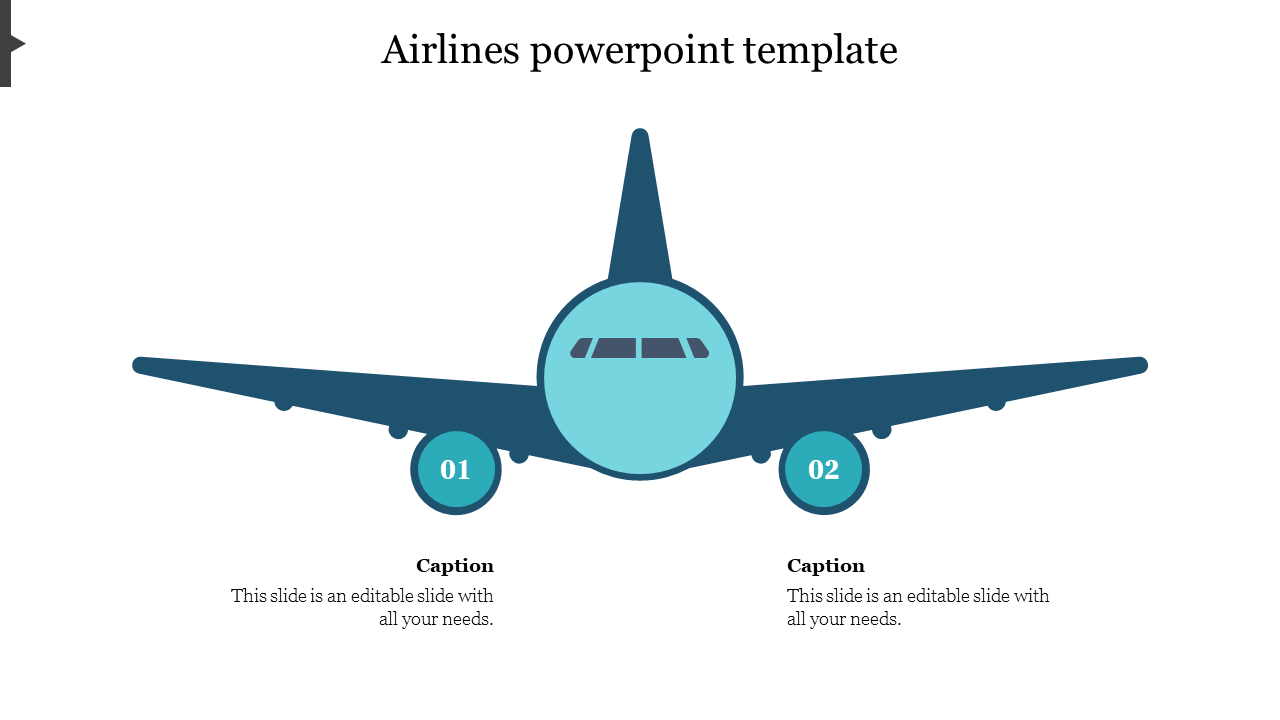 Front view of a blue airplane with two circular sections numbered 01 and 02 on its wheels.