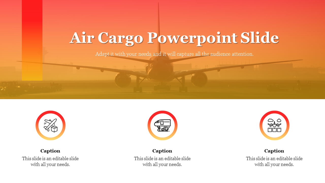 Air cargo slide with airplane background in orange gradient, and three circular icons with captions on the white space below.