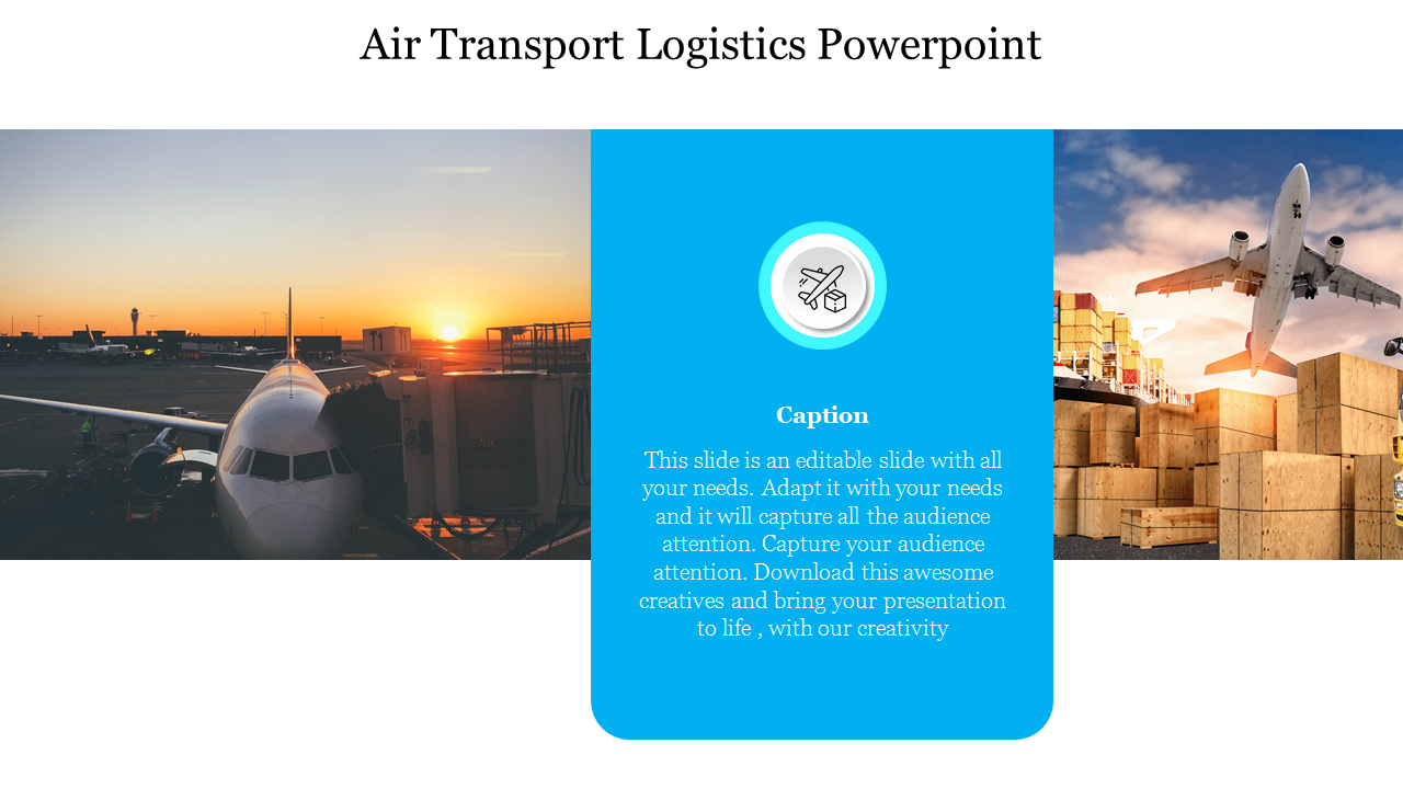 Sllit design featuring an airplane at sunset and an aircraft above cargo containers with a blue text box in the center.