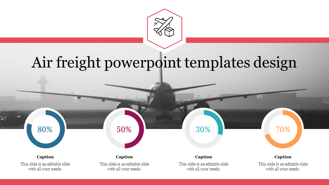 Air freight slide with a black and white image of a plane, accompanied by four colored percentage charts below.