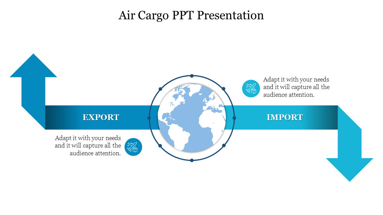 Illustration of global air cargo flow with arrows indicating export and import directions, centered on a world map.