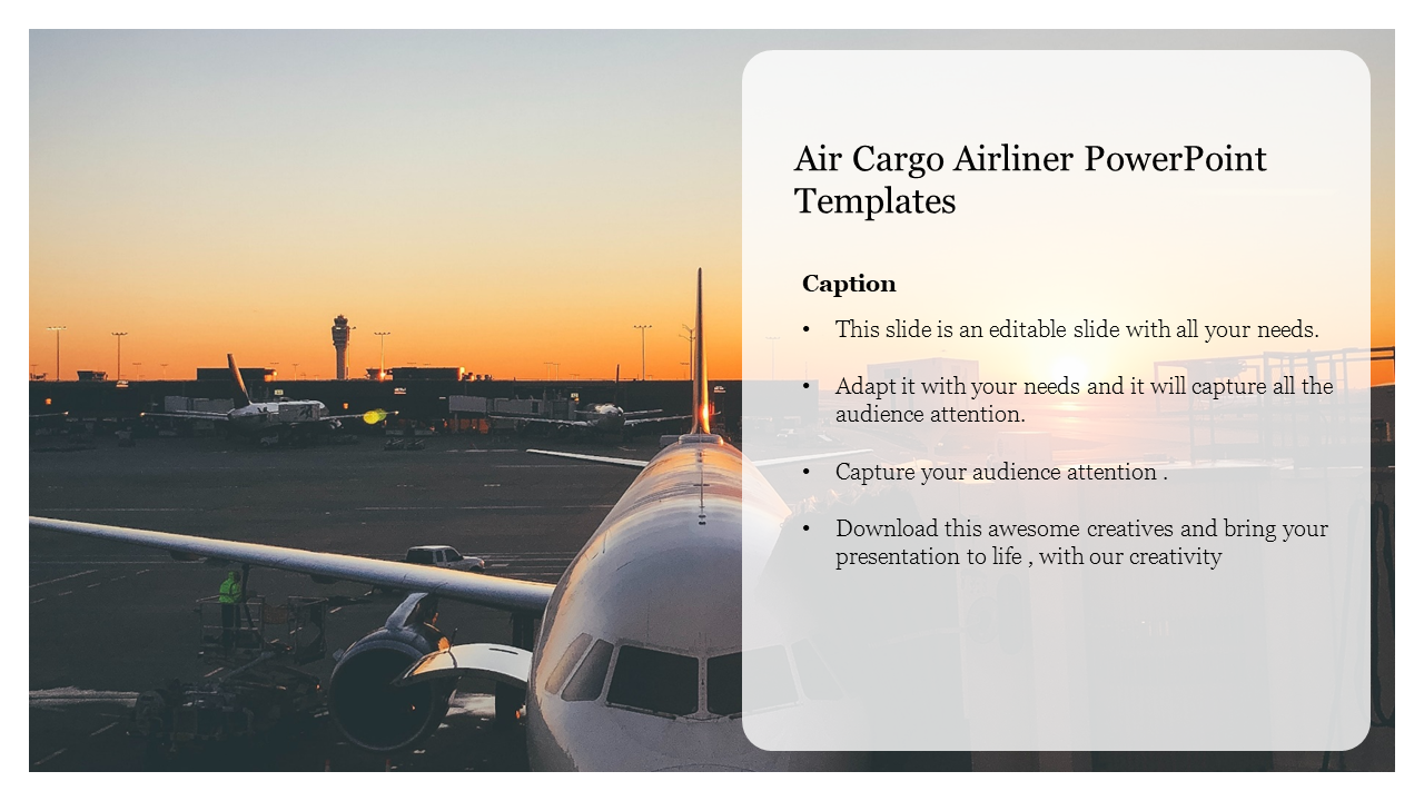 View of an airplane on a runway at sunset with detailed text overlay on the white box.