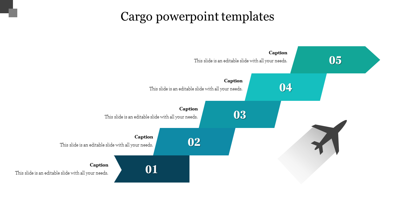 A visually engaging cargo slide displaying a series of five steps, with an airplane graphic representing air transport.