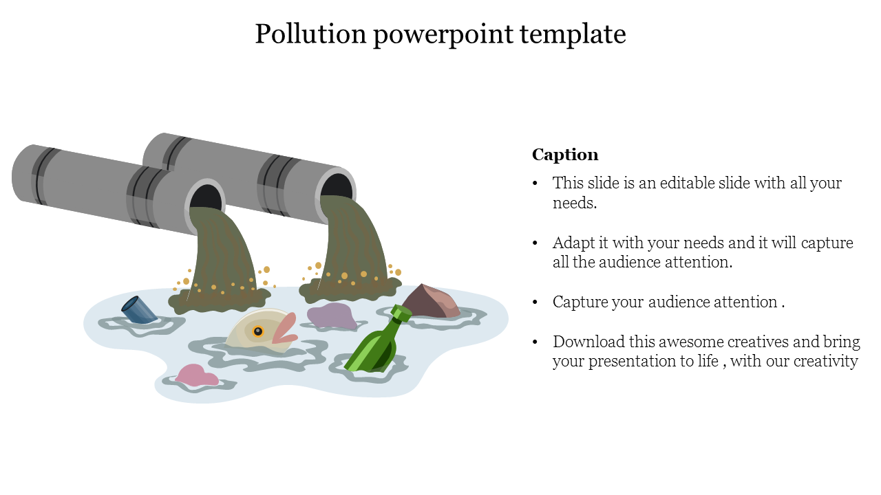 Illustration of environmental pollution slide with two pipes releasing contaminated water and trash into a body of water.