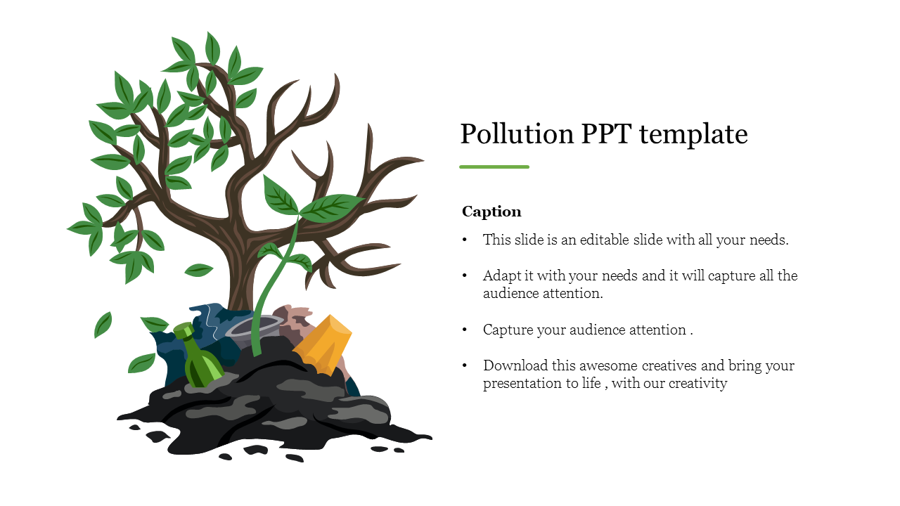 Illustration of a barren tree surrounded by waste, including bottles and a cardboard box, symbolizing pollution.